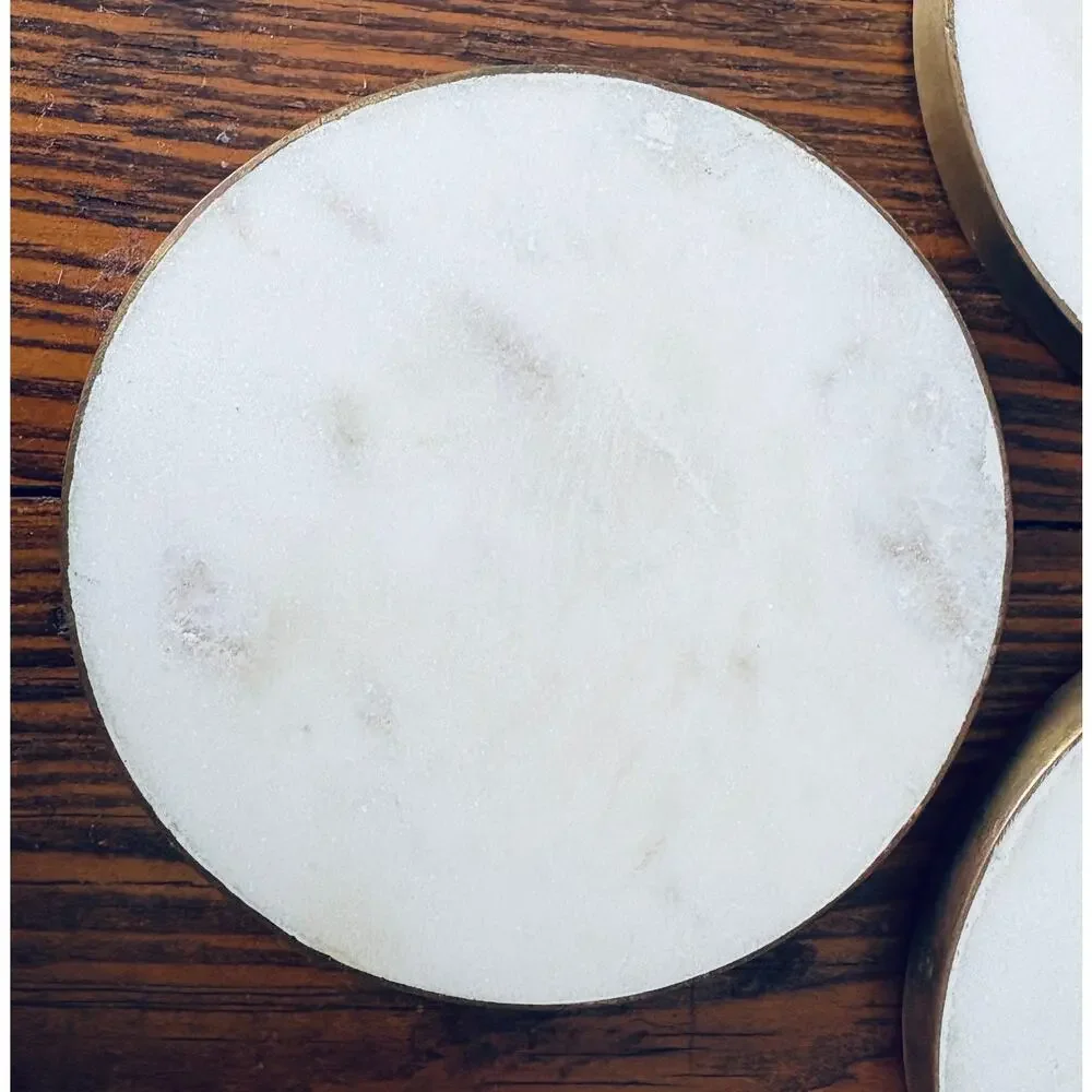Artisan De Luxe White Gray Shimmer Mable & Brass Rim Coaster Set 4 Made In India